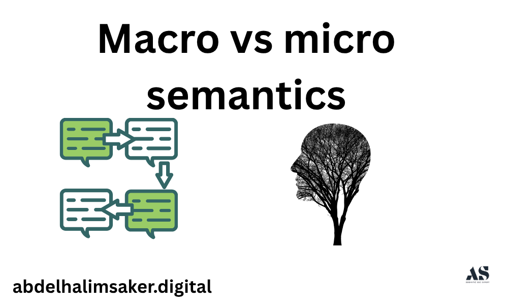 Difference Between Macro and Micro Semantics Split graphic showing macro-level site semantics versus micro-level word and predicate relationships.
